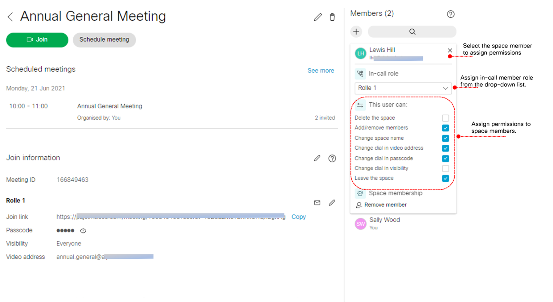 List shows member roles and permissions
